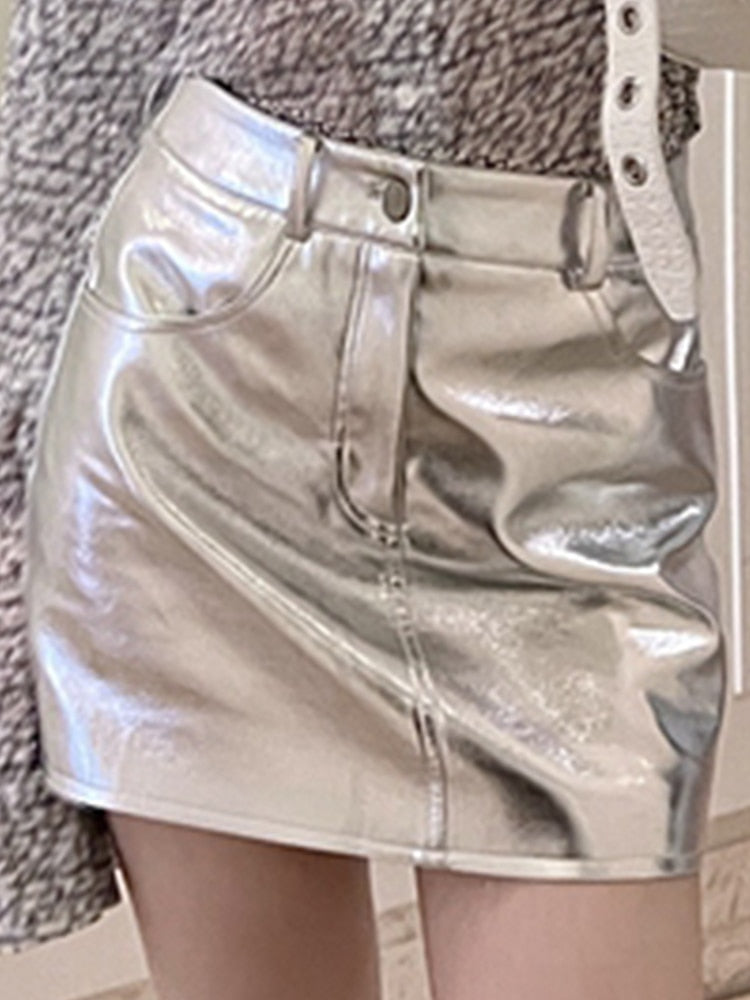 Summer Autumn Pink Silver Reflective Shiny Patent Leather Mini Skirts for Women High Waist A Line Short Sexy Y2K Clothes voguable