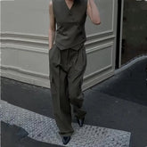 Voguable CHIC Women Amry green Asymmetric Diagonal Buttons Waistcoat V neck Vest Sleeveless Jacket Coat voguable