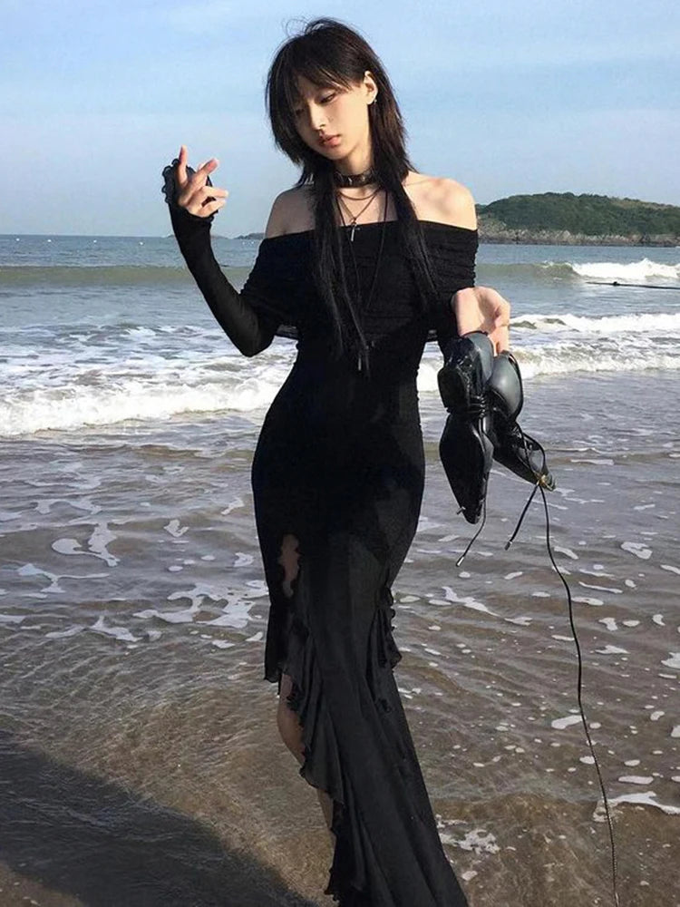Voguable Black Slash Neck Party Dresses Elegant Fashion Ruffled Side Slit Slim Long Dress Off Shoulder Women Vacation vestidos voguable