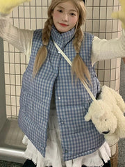 Cute Blue Plaid Puffy Vest Women Loose Vintage Sleeveless Warm Thick Winter Sweet Vest Coat Korean Preppy Style Outwear Top voguable