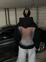 Voguable Y2K American Gothic Mesh Hoodie Women Sexy Translucent Pullover Long Sleeve Classic Casual Sweatshirt Jacket voguable