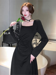 French Dresses For Women's Fashion Elegant Long Sleeves A-Line Square Collar Pleated Femme Vestidos Vintage Office Lady Casual voguable
