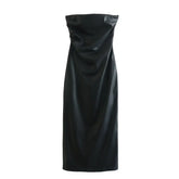 Sexy Women Faux Leather Strapless Dress Side Zipper Ruched Party Midi Dresses Black Vestidos