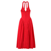 Red Elegant Slim Evening Party Dresses For Women Sexy Backless Low Waist A-line Midi Long Halter Dress Cotton Robe voguable