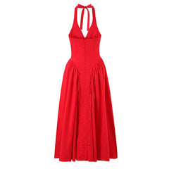 Red Elegant Slim Evening Party Dresses For Women Sexy Backless Low Waist A-line Midi Long Halter Dress Cotton Robe voguable