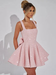 Mozision Sequins Bow Backless Sexy Mini Dress For Women Robe Fashion Square Collar Sleeveless High Waist A-line Club Dress voguable