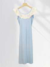 Peter Pan Collar Ruffle Knit Long Dress 2025 Blue Embroidery Patchwork Sweet Chic Tank's Dress Sleeveless Slim Summer Dresses voguable