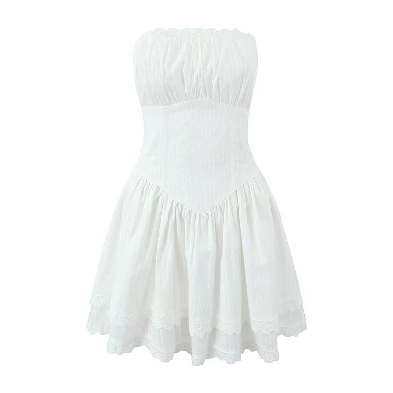Hollow Out Embroidery White Strapless Dress For Women Sexy Low Waist Party Mini Summer Dresses Holiday Cotton Robe