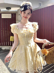 Sweet Sexy Slim Yellow Dress Women Fashion Lace Patchwork Cute Mini Dress Chic Square Collar Puffy Sleeve Elegant Vestidos voguable