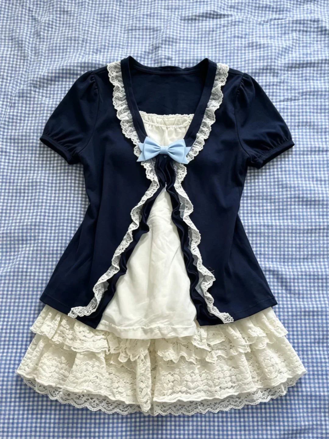 Voguable American Retro Y2K Lace Ruffle Bow Top + Tiered Lace Mini Skirt Two Piece Set Vintage Harajuku Sweet Girl Streetwear Outfit voguable