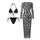 Voguable Holiday Beige Hollow Out Dresses Swimwear Halter String Bikinis Sets 3 Pieces Micro Thong Sexy Swimsuit Women Beachwear voguable