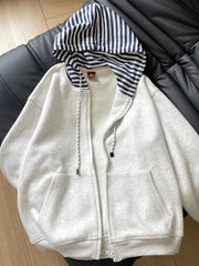 Striped Patchwork Vintage Hoodies Women Loose Harajuku Long Sleeve Retro Sweatshirts Casual American Streetwear Pockets Bf Tops voguable