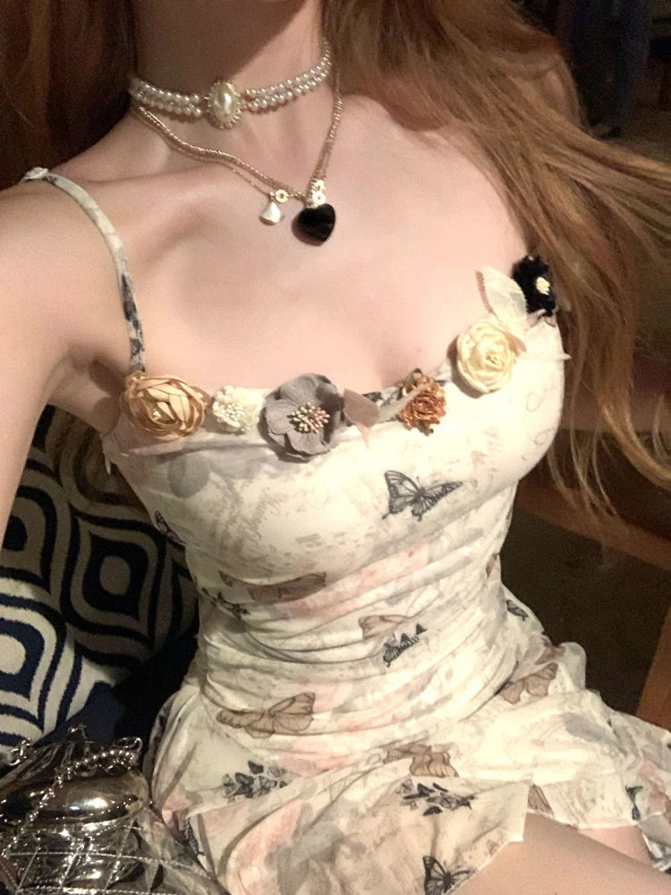 Voguable Sweet Floral Party Mini Dress Women Summer New Korean Printing Floral Y2k Dress Female Slim Chic Strap Beach Designer Dress 2024 voguable