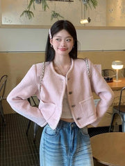 Pink Sweet Tweed Jackets Women Vintage O Neck Cute Elegant Long Sleeve Short Coats Retro Casual Single Breasted Pockets Outwear voguable