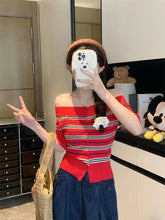 Voguable Women's Off Shoulder Knit Top Crop T-shirt Sexy Knitwear Korean Style New Red Striped Knitwear Long Sleeve Open Shoulder voguable