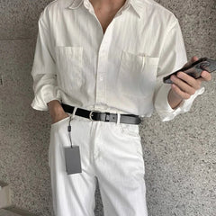 New Men Luxury Korean Style Shirts Casual Long Sleeve Drapped Solid Color Button-down Cardigan Fashion Business Leisure Blouse voguable