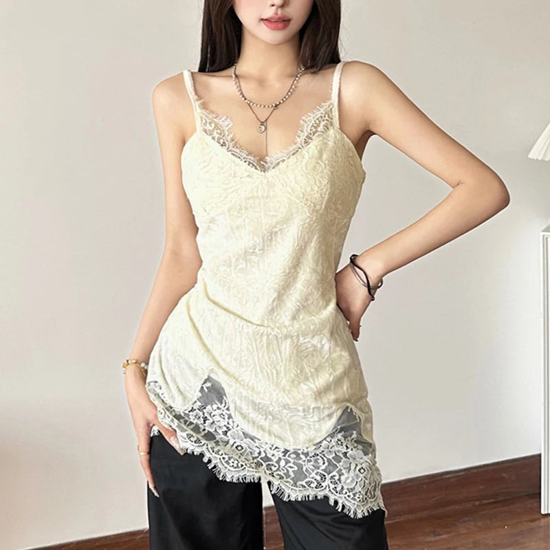Lace Patchwork V-Neck Camis Women Y2K Summer Sexy Spaghetti Straps Sleeveless Tank Korean Fashion Irregular Female Vest voguable