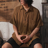 Men Casual Loose Hollow Out Short Sleeve Shirts with pockets Retro Fashion Vacation/Daily All-Match Tops Solid Color voguable