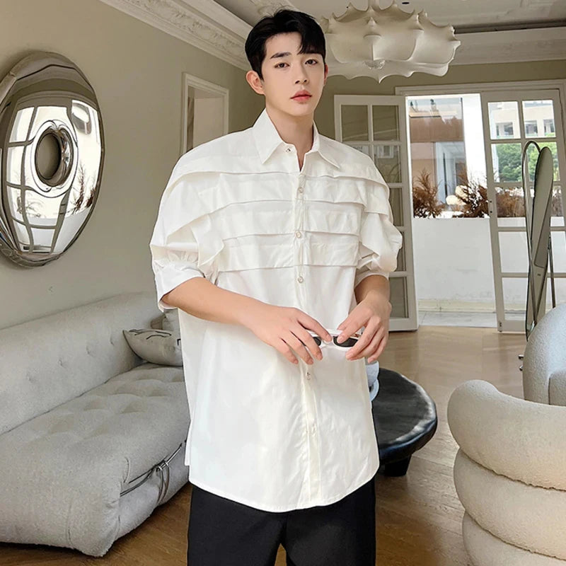 Voguable Design Multi Layer French Pleated Shirts 2024 Personality Stylish Men Casual Long Sleeve Solid Color Elegant Tops voguable