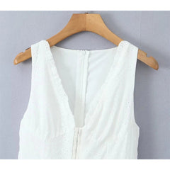 New Women Hollow Out Embroidery White Tank Dress Sleeveless V Neck Low Waist A-line Mini Dresses Summer Cotton Robe voguable