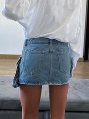 Safari Style Big Pockets Denim Skirt Sexy Slim Mid-Waisted Mini Skirts Women Summer Fashion Streetwear Ladies voguable