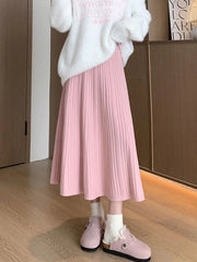 Sweet Vintage Knitted Long Skirts Women Preppy Style High Waist Loose A Line Skirts Fall Winter Retro Simple Elegant Long Skirts voguable
