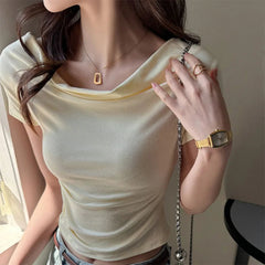 Summer Women's Cropped T Shirts Elegan Slash Neck Short Sleeve Tops Female Korean Slim Office Ladies Basic Tees New voguable