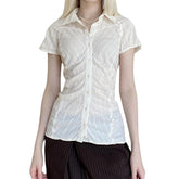 y2k Shirts Women Coquette Clothes Striped Lapel Collar Single Breasted Short Sleeve Blouse 2000s Clothing Streetwear voguable