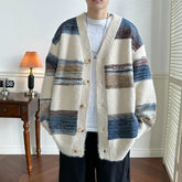 Autumn Stripe Patchwork Knit Sweater Cardigan Men and Women American Retro V-neck Loose Button Couple Sweater Cardigans Coat voguable