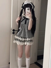 Voguable Y2k Kawaii Vintage Girl Lolita Doll Neck Plaid Flying Sleeve Shirt High Waist Lace Splice Puffy Skirt Set Two Piece Sets Women voguable
