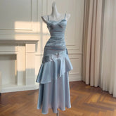 Fashion Folds Slim Dress Women's Irregular Ruffled Edge Waist Cinching Suspender Dresses 2025 Summer New Tide 3QW1329 voguable