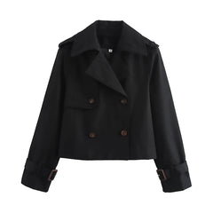 New Autumn Women Solid Cropped Trench Coat Vintage Double Breasted Long Sleeve Short Jacket Lapel Collar Windbreaker