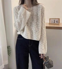 Cable Knit Crop Sweater for Women Long Sleeve Crew Neck Pullover Boxy-fit Plain Jumper Teen-girl Fall Winter Y2K Outfit voguable