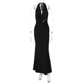 Halter Deep V Neck Sexy Maxi Dress For Women Gown Black Lace Off-shoulder Backless Sleeveless Bodycon Long Dress voguable