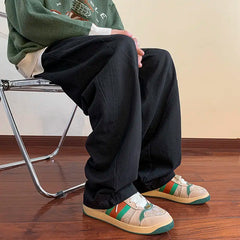 Autumn Winter New Fashion Elastic Waist Drawstring Pockets Solid Men's Clothing Wide Leg Trousers Korean Trend All-match Pants voguable