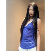 Lace V-neck Halter Top Women Hotsweet Hollowed-out Backless Slim Chic Vest Lace Transparent Spaghetti Strap Beach Coquette Camis voguable