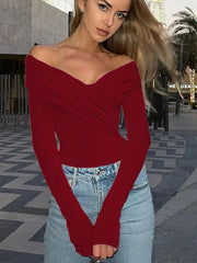 Red Sexy Off Shoulder Women's Bodysuits Fashion Crossed Folds Skinny Rompers Long Sleeve Fashion Streetwear Autumn Bodysuits New voguable