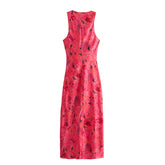 Voguable Sexy Women Twisted Round Neck Sleeveless Floral Print Satin Dress Side Gathers Slit Hem Female Summer Long Dresses voguable