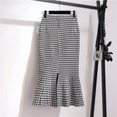 Trumpet Houndstooth Vintage High Waist Buttons Women's Skirt Korean Fashion Mermaid Mid-Calf Long Skirts For Women Spring voguable