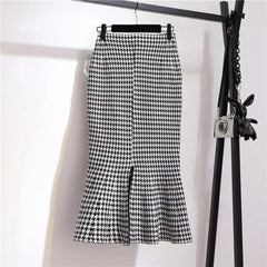 Trumpet Houndstooth Vintage High Waist Buttons Women's Skirt Korean Fashion Mermaid Mid-Calf Long Skirts For Women Spring voguable