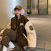 Y2k Varsity Bomber Jacket Women Red Brown Korean Fashion Winter Coat Vintage Baseball Jackets Hip Hop Streetwear Outerwear Tide voguable