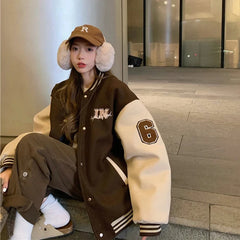 Y2k Varsity Bomber Jacket Women Red Brown Korean Fashion Winter Coat Vintage Baseball Jackets Hip Hop Streetwear Outerwear Tide voguable