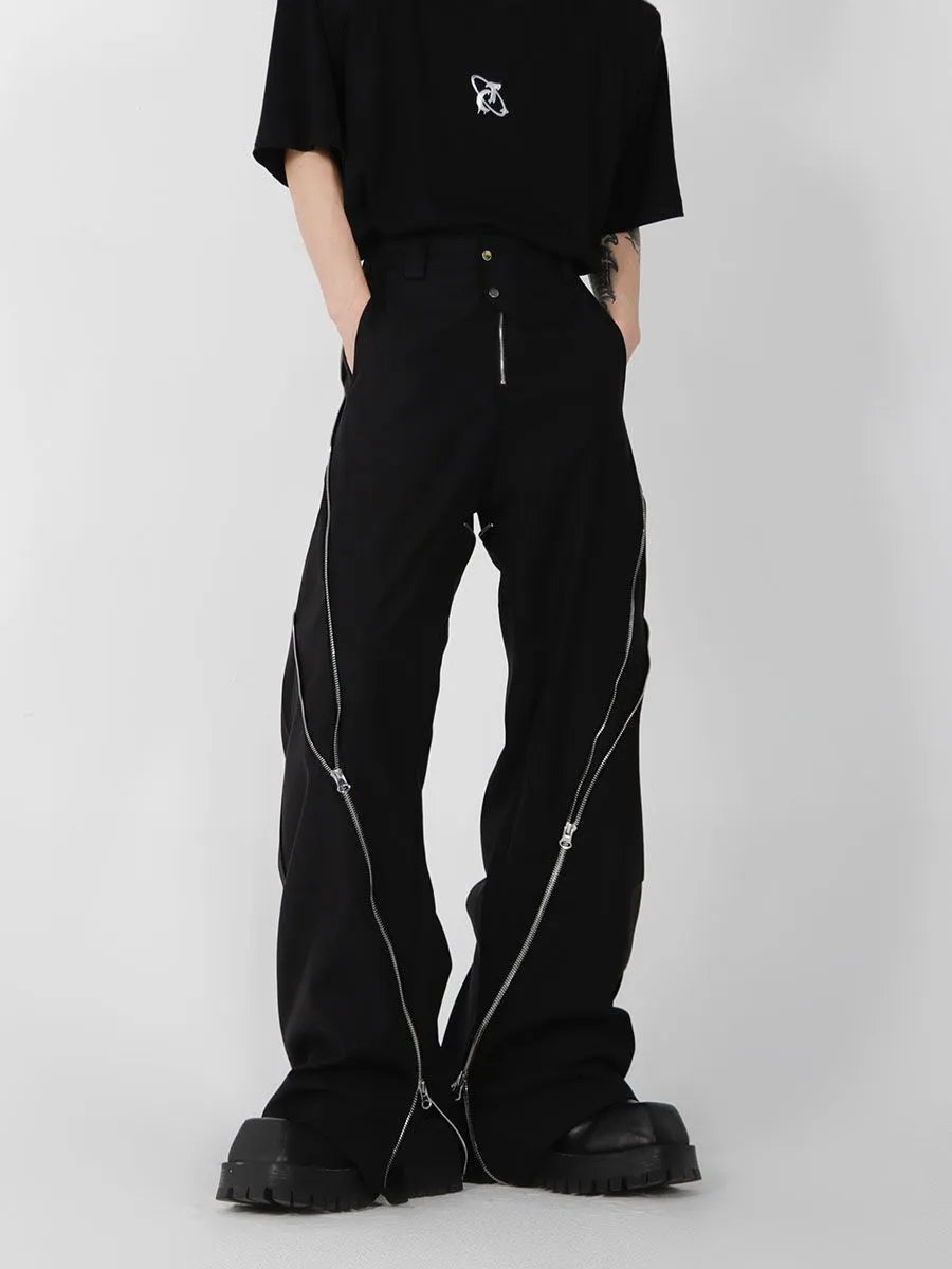 American trendy brand men black zipper design slit slightly flared pants vertical feeling straight casual pants retro trousers voguable