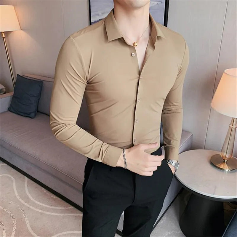 Plus Size 4XL-M High Elasticity Seamless Shirts Men Long Sleeve Top Quality Slim Casual Luxury Shirt Social Formal Dress Shirts voguable