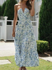 Voguable Women's Summer Chiffon Halter V Neck Sleeveless Floral Flowy A Line Maxi Dress Boho Backless Tiered Swing Long Beach Dresses voguable