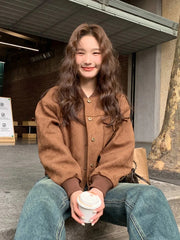 Y2K Retro Baseball Jacket Women Faux Suede Long Sleeve Fall Winter Coat Streetwear Casual American Vintage O Neck Bf Tops voguable