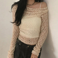 Transparent Lace Crop Top Asymmetrical Off-shoulder Long Sleeve Smock T-shirts Women Summer Casual Tees y2k Vintage Tees voguable