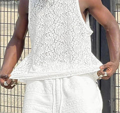 Men Tank Tops Lace Transparent O-neck Sleeveless Male Vests Streetwear Summer Sexy Fashion Men Clothing Tops S-5XL voguable