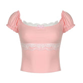 Sweet Coquette Crop Top Lace Patchwork Square Collar Skinny Pink T Shirts Women Vintage 2000s Puff Sleeve Tees Kawaii y2k voguable