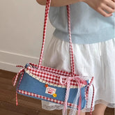 Kawaii Sweet Contrast Color Plaid Women Handbags Vintage Patchwork Denim Underarm Bag Y2k Aesthetic Luxury Design Shoulder Bags voguable